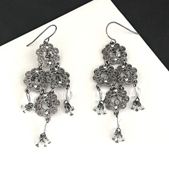 Boutique Earrings Hematite Tone Chandelier Style Crystals Dangle Women's 1H - Picture 4 of 4